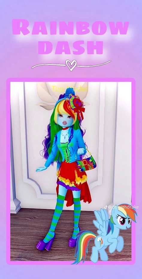 Rainbow Dash In Dti, Dti Outfits Rainbow Dash, Rainbow Dti Outfit, Rainbow Dress To Impress, Cake Flavours Dti Outfit, Rainbow Dash Dress To Impress, Mlp Dress To Impress, My Little Pony Dress To Impress, Dti Cosplay Fits