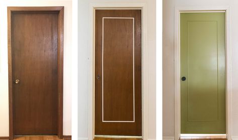 Painted Doors And Trim Hallway, Diy Door Upgrade Ideas, Mcm Door Trim, Mid Century Modern Door Trim, Mid Century Trim Molding, Wood Trim With Painted Doors, Mid Century Modern Doors Interior, Painting Old Doors, Old Door Renovation