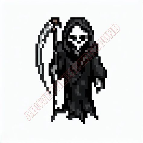 Grim Reaper Pixel Art, Gothic Pixel Art, Goth Pixel Art, Grim Reaper Halloween, Grim Reaper Tattoo, Video Game Sprites, Reaper Tattoo, The Reaper, Small Cross Stitch