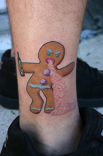 Gingy tattoo | Gingerbread Man Tattoo | premblendtats | Flickr Gingerbread Man Tattoo Ideas, Koolaid Man Tattoo, Candy Man Tattoo, Gingerbread House Tattoo, Childish Tattoos, Gingerbread Man Tattoo, Gingerbread Tattoo, Big Tattoos For Women, Shrek Tattoo