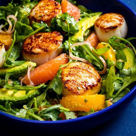 Seared Scallops with Citrus and Avocado Salad | America's Test Kitchen Recipe Tangerine Salad Recipes, Seared Sea Scallops, Scallops Salad, Cooks Country Recipes, Citrus Salad, Seared Scallops, Dinner Salad, Sea Scallops, America's Test Kitchen Recipes