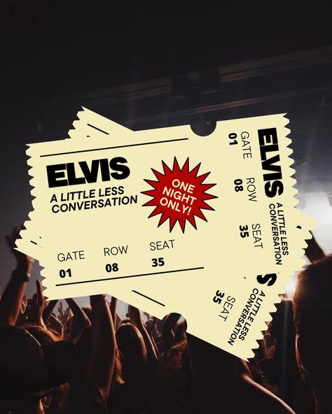 graphic design for concert tickets at a music venue like Madison Square Garden (MSG) — if Elvis were to perform today, might these be what the tix look like?✨ Tickets Graphic Design, Concert Ticket Graphic Design, Concert Invitation Design, Music Festival Ticket Design, Concert Branding Design, Concert Announcement Ideas, Music Tour Poster Design, Music Ticket Design, Event Graphic Design Inspiration