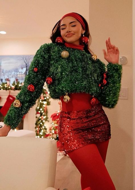 Christmas Bar Crawl Outfit, Santacon Outfits Women, Christmas Fashion Editorial, Tacky Christmas Outfit, Christmas Tree Outfit, Christmas Sweater Outfit, Ugly Christmas Sweater Outfit, Christmas Editorial, Christmas Sweater Outfits