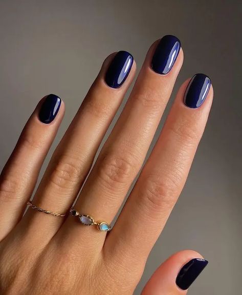 Navy Colored Nails, December Nails Short Square, Dark Blue Shimmer Nails, 2024 Nail Trends Fall, Dark Blue Gel Nails Ideas, Navy Dip Nails, Fall Blue Nail Colors, Blue Nails For Fall, Winter Gel Nail Colors