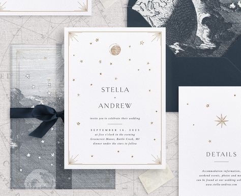 "ABOUT THE PRODUCT Printable Vintage Celestial Wedding Invitation Template Set with Moon & Stars Instant access to your template. Just minutes after your purchase, you'll get access to your template(s) and can start editing right in your browser. Please note, Templett app is not available on tablet or mobile devices. ★ Try before you buy ★ Copy and paste the following link into a new browser's tab: https://templett.com/design/demo/demoversion/15767685,15767726,15767736,15767766,15767807,16035697,16035712 ★ Coordinating items ★ https://etsy.me/3CTA7w7 THE LISTING INCLUDES THE FOLLOWING * Editable Wedding Invitation template in 5x7\" size 2x * Editable RSVP Card template in 5x3.5\" size 2x * Editable Details Card template in 4.25x5.5\" size 2x ORDER PROCESS 1. Click the \"Add to Cart\" butto Vintage Celestial Wedding, Celestial Wedding Invitations, Classic Wedding Details, Vintage Celestial, Wedding Details Card, Celestial Wedding, Printable Vintage, Rsvp Wedding Cards, Star Wedding