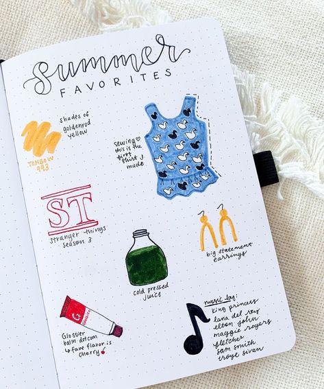 I had a blank page and decided to do a little doodle of some of my favorite things of the summer 💛 bullet journal journaling Summer Diary Ideas, Summer Journal Aesthetic, Summer Journal Ideas, Bullet Journal Summer, Summer Bujo, Summer Journaling, Summer Bullet Journal, Summer Doodles, Journal Goals