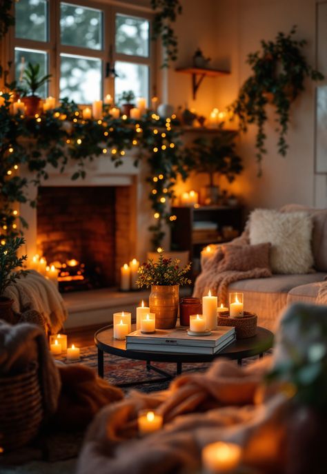 Cozy Lighting Living Room Cozy Candle Light Aesthetic, Flameless Candles Decorating Ideas Living Room, Candles In Room, Candle Lanterns Living Room, Twinkle Lights Living Room, Candles In Living Room, Room Full Of Candles, Warm Lighting Living Room, Lighting Living Room Ideas