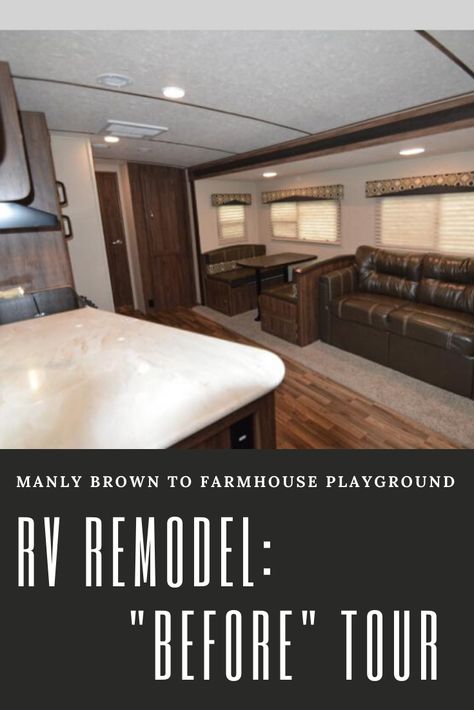 Dark Brown Camper Interior, Masculine Rv Remodel, Brown Rv Interior, Waynes Coating, Dark Brown Couch, Dark Brown Sofas, Dark And Gloomy, Dark Brown Furniture, Dark Ceiling