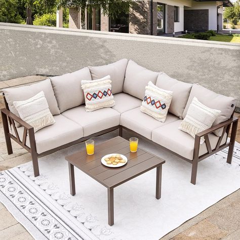 Amazon.com: COMLAX FIELD Patio Furniture Set, 6 Pieces Outdoor Couch Sectional, L Shaped Patio Sofa, Metal Patio Couch Sectional with Side Table, Outdoor Seating Conversation Set, Beige : Patio, Lawn & Garden L Shaped Patio, Side Table Outdoor, Modern Outdoor Patio, Metal Patio Furniture, Patio Couch, Outdoor Sofa Sets, Outdoor Couch, Outdoor Patio Furniture Sets, Patio Sofa