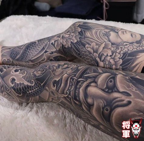 Men Leg Sleeve, Yakuza Tattoo Men, Leg Sleeve Tattoo Design, Irezumi Bodysuit, Japanese Demon Tattoo, Japanese Irezumi, Cloud Tattoo Design, Japanese Leg Tattoo, Oni Mask Tattoo