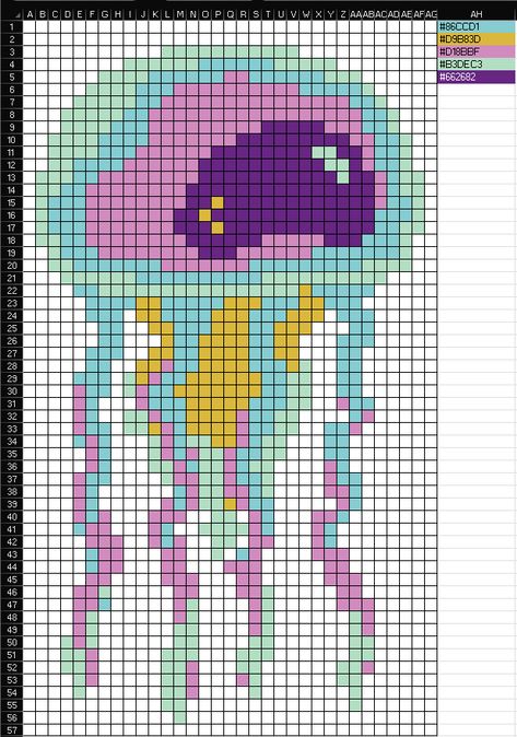 Cross Stitch Jellyfish, Perler Bead Jellyfish, Jellyfish Pixel Art Grid, Jellyfish Alpha Pattern, Jellyfish Perler Bead Patterns, Jellyfish Perler, Jellyfish Minecraft, Minecraft Jellyfish, Jellyfish Pixel Art