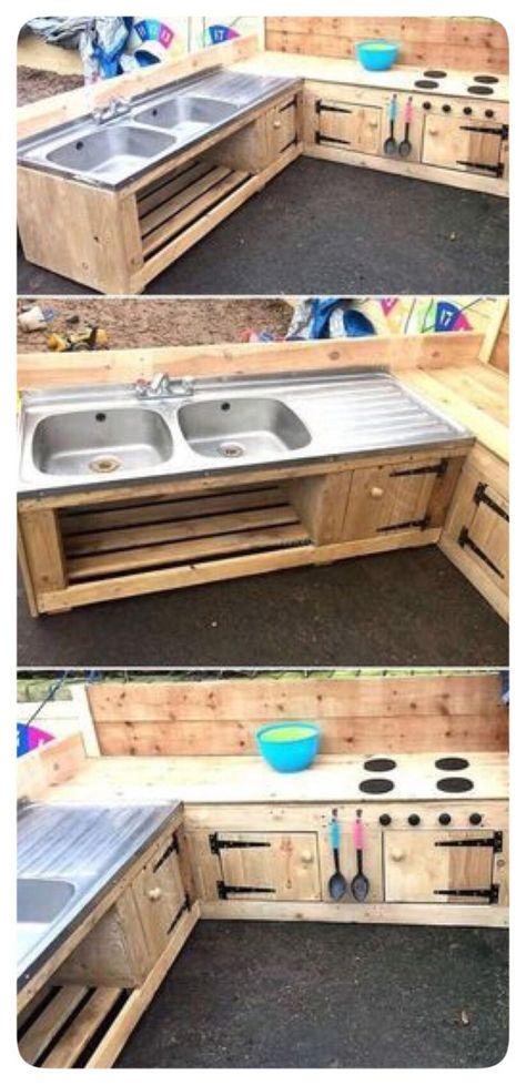 Natural Playgrounds, Palette Furniture, Lights Patio, Patio Grill, Pallet Kitchen, Diy Mud Kitchen, Diy Playground, Kitchen Patio, Dekor Diy