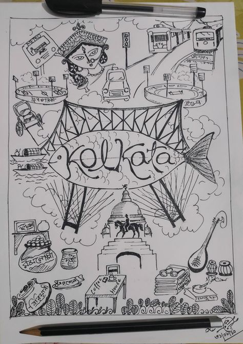 What can tell about the city Kolkata?  The street food of city.  Music- rabindra songeet. Rosogolla, biriyani, egg-roll, fuchka Durga pujo.  Mad of about football. The yellow texi city. Victoria Or in simple way the city of joy--- Kolkata. Durga Puja Doodle Art, Durga Pujo Drawings, Kolkata Drawing Sketch, Kolkata Biriyani, Kolkata Illustration Art, Kolkata Doodle Art, Bengali Project Front Page Design, Kolkata Sketch, Kolkata City Drawing