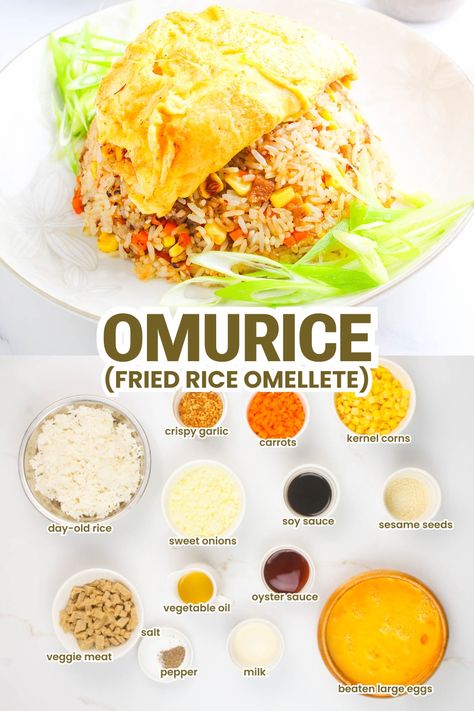 This Filipino-style omurice recipe makes a delightful vegetarian dish with its savory fried rice, healthy plant-based protein, and fluffy omelette wrapping it all together. The delightful blend of Filipino and Japanese cuisine in this one-of-a-kind dish embodies the essence of both cultures. Give this a try and don’t miss out on this delectable and unique gastronomic experience! Omurice Vegetarian, Omelette Rice Recipe, Omurice Recipe Japanese, Japanese Omurice, Rice Omelette, Fried Rice Healthy, Omurice Recipe, Japanese Vegetarian Recipes, Fluffy Omelette