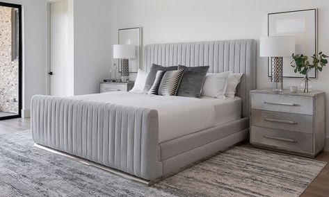 Modern Chic Master Bed, Neutral Cozy Bedroom Ideas, Luxury Bedroom Master Nightstands, Light Gray Room Bedroom Ideas, Glam Bedroom Decor Grey, Bedroom Decor Grey Walls, Grey Nightstand Bedroom, Sophisticated Bedroom Women, Gray Headboard Bedroom