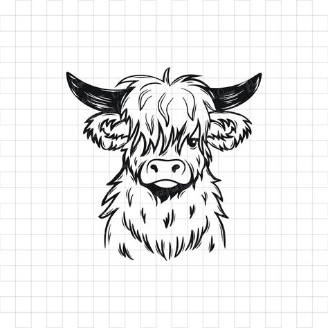 Highland Cow Head Template, Simple Highland Cow Tattoo, Simple Highland Cow Drawing, Highland Cow Outline, Highland Cow Stencil, Highland Cow Drawing, Free Highland Cow Svg Files For Cricut, Free Highland Cow Svg, Highland Cow Tattoo