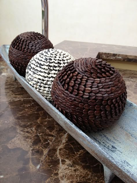 Decorative balls made from coffee beans. These were at our resort in Mexico. Coffee Bean Crafts, Coffee Bean Decor, Bean Crafts, Styrofoam Ball Crafts, Coffee Bean Art, Bean Art, Decoration Vitrine, Decorative Balls, Coffee Crafts