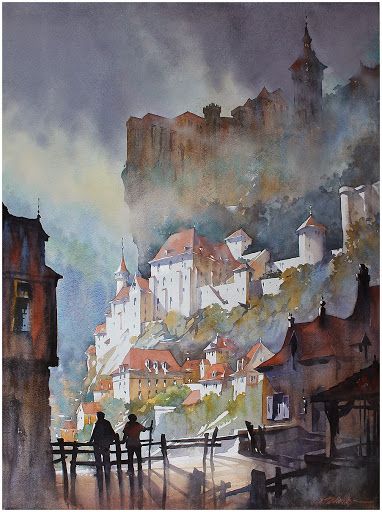 Towers of Rocamadour - France. Artist Thomas Schaller Thomas W Schaller, Thomas Schaller, Cottage Images, Art Thomas, Watercolor City, Watercolor Architecture, 수채화 그림, Watercolor Artists, Watercolor Inspiration