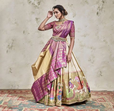 How To Wear Half Saree In Different Ways, Paithani Lehanga Designs, Paithani Lehangas For Women, Langa Voni Half Saree, Paithani Lehenga, Half Saree Function, Designer Bridal Lehenga Choli, Crop Top Lehenga, Lehenga Saree Design