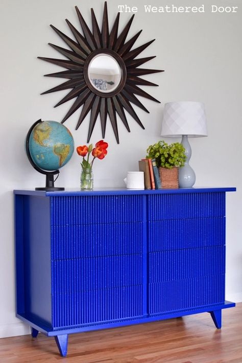 Electric Blue AOM Mid Century Bamboo Dresser - The Weathered Door Bright Blue Dresser, Cobalt Blue Furniture, Cobalt Blue Home Decor, Dresser Painting, Loft Vibes, London Room, House Palette, Bamboo Dresser, Diy Sideboard