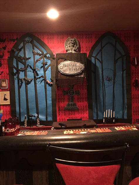 Victorian Windows I made out of paper for my Gothic Victorian Halloween Party Vampire Themed Halloween Party, Vampire Lair Decorations, Vampire Party Decor, Vampire Halloween Decor, Halloween Vampire Decorations, Dracula Decor, Vampire Decorations, Dracula Party, Vampire Lair