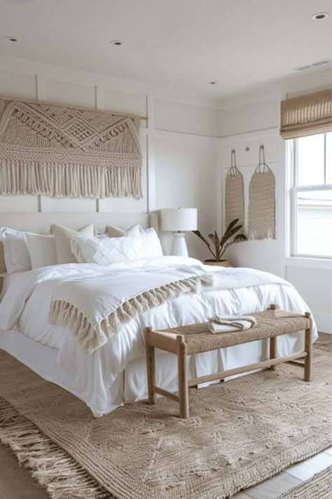 Dynamic Modern Boho Bedroom Ideas Clean Crisp Bedroom, Macrame In Bedroom, White Boho Bedroom Ideas, White Boho Room, Tropical Office Decor, White Boho Bedroom, Neutral Boho Bedroom, Modern Boho Bedroom Ideas, Tropical Kitchen Decor