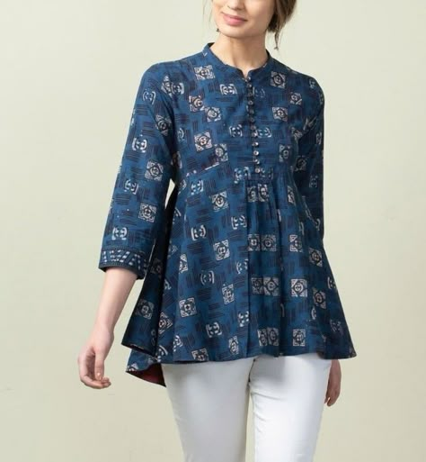 short kurti design Peplum Kurti, Dabu Print, Short Kurti, Asymmetric Top, India, Blue, Design