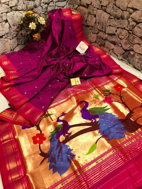 Yeola Paithani Sarees, Yeola Paithani, Paithani Sarees, Magenta Color, Bridal Dress Fashion, Pure Silk Saree, Color Techniques, Kinds Of Fabric, Traditional Weaving