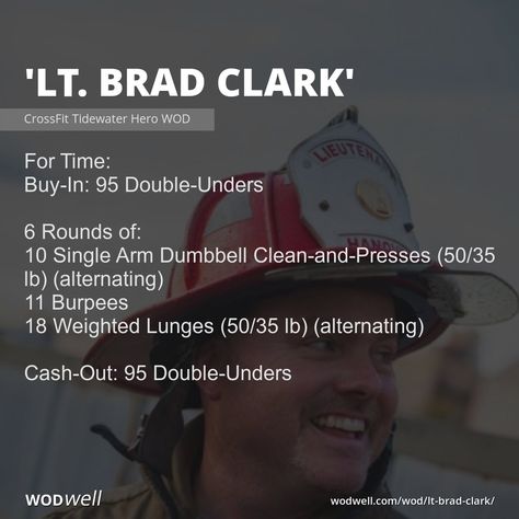 For Time: Buy-In: 95 Double-Unders; 6 Rounds of:; 10 Single Arm Dumbbell Clean-and-Presses (50/35 lb) (alternating); 11 Burpees; 18 Weighted Lunges (50/35 lb) (alternating); Cash-Out: 95 Double-Unders Weighted Lunges, Arm Wod Crossfit, Accessory Workout, No Equipment Wod, Crossfit Wod With Rowing, Overhead Squat Wod, Saturday Crossfit Wod, Hero Workouts, Hero Wod