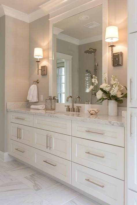 Match Your Mirror To Your Vanity For Bathroom Mirror Ideas Bathroom With White Vanity, Vanity For Bathroom, Bathroom Mirror Ideas, Sink Decor, Apartment Decorating Living, Large Vanity, New Bedroom Ideas, Master Ensuite, White Vanity Bathroom