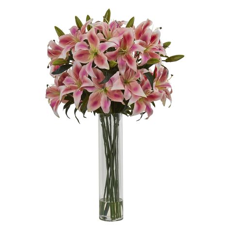 Nearly Natural Rubrum Lily Artificial Arrangement in Cylinder Vase Lily Arrangement, Large Arrangement, Lily Vases, White Flower Arrangements, Glass Cylinder Vases, Office Decorating, Cylinder Vase, Artificial Flower Arrangements, Nearly Natural