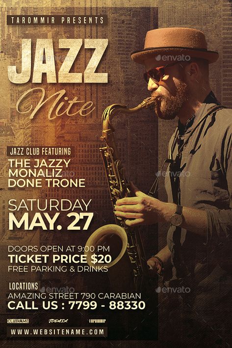 Jazz Nite Flyer #Affiliate #Jazz, #AD, #Nite, #Flyer Jazz Band Poster, Jazz Concert Poster, Jazz Decor, Photoshop Training, Theme Nights, Jazz Concert, Joss Stone, Template Text, Music Night