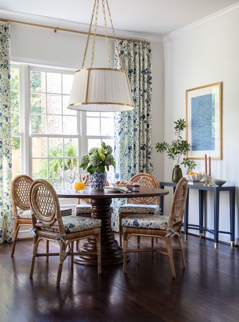 Dining Room — Doorman Katie Davis Design, Katie Davis, Round Wooden Dining Table, Small Dining Room, Floral Chair, Rattan Chairs, Traditional Dining Room, Rattan Dining Chairs, Wood Pedestal