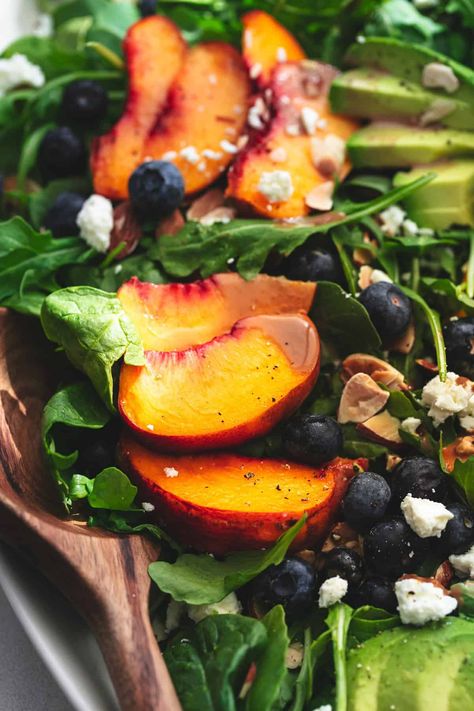 This Creamy Balsamic Peach Salad is the perfect balance of sweet, savory, and tangy! With ripe peaches, creamy avocado, and crunchy toasted almonds, every bite brings a burst of freshness that feels like summer on a plate! Balsamic Peach, Cranberry Walnut Salad, Peach Pork Chops, Creamy Balsamic Dressing, Mediterranean Salad Recipe, Smoked Salmon Salad, Tropical Fruit Salad, Butternut Squash Salad, Glazed Pork Chops