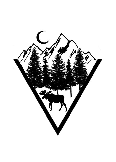 Moose Tattoo Men, Alaska Mountain Tattoo, Tree Mountain Tattoo, Deer Mountain Tattoo, Simple Moose Tattoo, Moose Mountain Tattoo, Minimal Moose Tattoo, Moose Sleeve Tattoo, Pinetree Mountain Tattoo