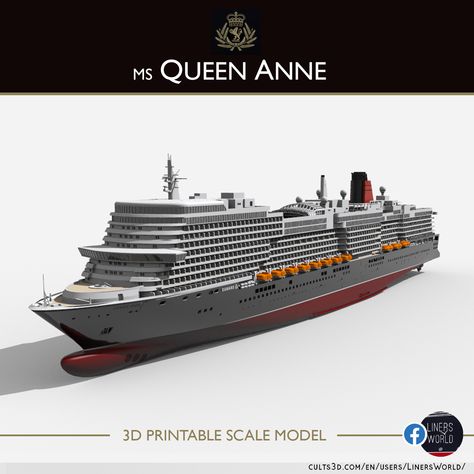 A detailed and accurate model of the newest Cunard Halifax class cruise ship Queen Anne, optimized for resin printing, at a 1/1000 scale basis although very easily printable at larger or smaller scales. Full hull and waterline versions are included. Cruise Ship Models, Word Of Mouth, Banner Ads, Queen Anne, Cruise Ship, Queen, Thing 1