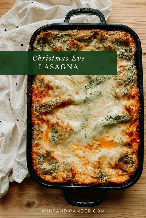 My Christmas Eve Lasagna combines alternating layers of savory and herbaceous beef and sausage red sauce with creamy green spinach ricotta cheese. No-boil lasagna noodles make this dish super easy to assemble and a generous measure of mozzarella and parmesan ensures ample cheesiness throughout. | whipandwander.com | #christmaseve #christmasevelasagna #lasagna #redandgreenlasagna #meatlasagna #spinachlasagna #christmasfood #christmasrecipes #comfortfood #winterrecipes Christmas Eve Lasagna, Green Lasagna, Cozy Christmas Dinner, Warm Recipes, Pasta Noodle Recipes, No Boil Lasagna, Meat Lasagna, Easy Skillet Meals, Pasta Noodle Recipe