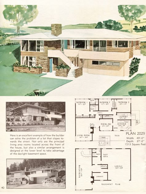 United States, 1958: Plan 2029 A raised ranch with a widely-overhanging roof. The photos show how it looks when built, although a few modifications were made to the finished house. 100 Split-Level… Mid Century House Plans, Sims Floor Plans, Mid Century Modern House Plans, Raised Ranch, Modern Floor Plans, Sims 4 House Building, Sims 4 House Plans, Vintage House Plans, Building Plans House