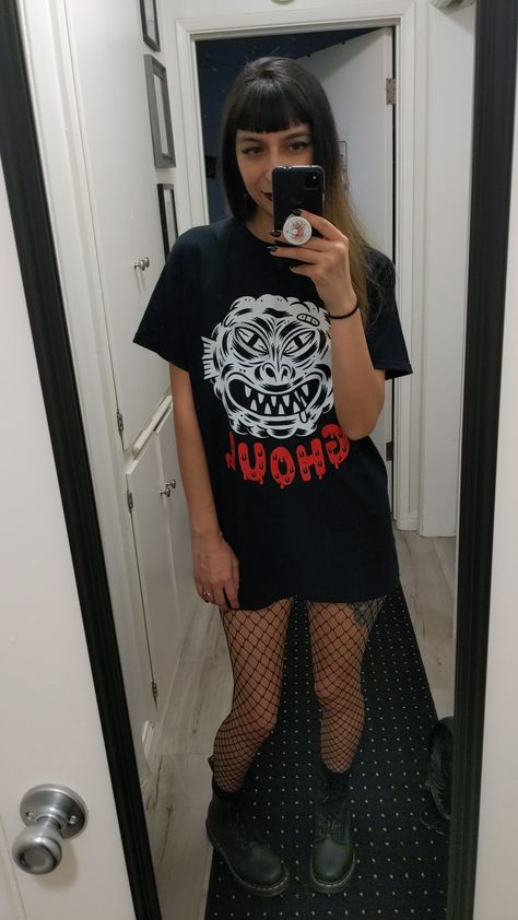 Oversized shirt, fishnets, docs Fishnets Oversized Shirt, Stockings Outfit, Big Shirt, Emo Fashion, Grunge Goth, Diy Shirt, Oversized Shirt, Oversized Tshirt, Urban Fashion