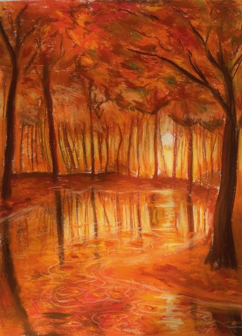 Oil Pastel Autumn Art, Chalk Artwork, Drawing Autumn, Chalk Pastel Art, Fall Drawings, Chalk Pastel, Dry Pastel, Printmaking Art, Autumn Scenes