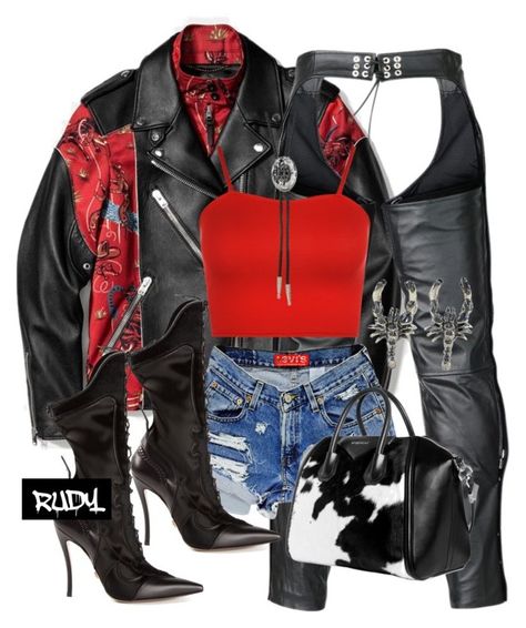 Leather Chaps Women Outfit, Chaps Outfit Women, Black Red Outfit, Black And Red Performance Outfit, Stage Coach Outfits, Chaps Brand Womens Clothing, Black Chaps Women, Luxury Red Edgy Biker Jacket, Kpop Fashion Outfits