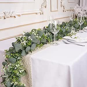 2 Pcs Eucalyptus Garland with White Flowers,5.9FT Artificial Greenery Garland Fake Vines Eucalyptus Garland for Wedding Centerpiece Table Party Indoor Outdoor Wall Decor Wedding Mantle, Leaf Table Decor, Artificial Eucalyptus Garland, Fake Flower Bouquet, Tafel Decor, Feuille Eucalyptus, Artificial Eucalyptus, Artificial Garland, Artificial Plants Outdoor