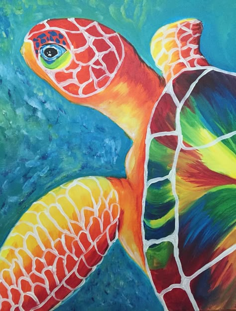 Turtle Painting Acrylic, Sea Turtle Painting, Sea Turtle Art, Canvas Art Projects, Caribbean Art, Art Camp, Painting Canvases, Fabric Collage, Paint Night