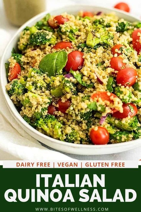 Italian quinoa salad is the perfect healthy lunch or dinner recipe! This cold salad is perfect for summer cookouts or meal prep lunches all week! The zesty italian dressing pairs perfectly with the quinoa and fresh veggies (broccoli, tomato, spinach). This simple recipe is naturally vegan, gluten free, dairy free and so easy to make! Italian Quinoa Salad, Quinoa Salad Recipes Cold, Gluten Free Vegetarian Dinner, Italian Quinoa, Vegan Quinoa Salad Recipes, Dairy Free Salads, Tomato Spinach, Zesty Italian Dressing, Healthy Italian