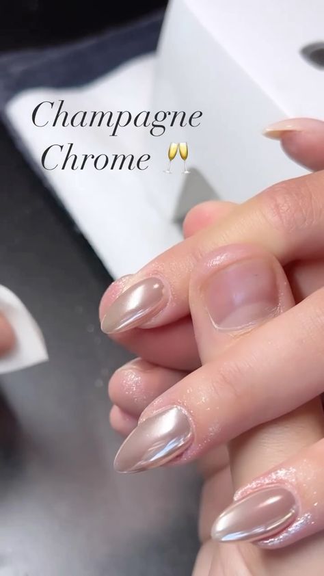 Dylan Pritchard | This Champagne Chrome video was my most viral video of 2023 🤩 Clear to see, y’all have good taste. This is a custom blended chrome… | Instagram Fall Nails With Pearl Chrome, Coconut Chrome Nails, Engagement Nails Chrome, Chrome Champagne Nails, Chrome Fade Nails, How To Put Chrome Powder On Nails, Gel X Chrome Nails, Simple Chrome Nails Designs, Champagne Nail Color