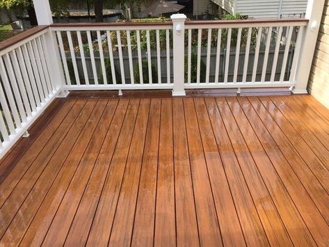 New Construction 2nd Story deck. Pacific Teak with Pacific rosewood border, Trex all white transcend rail with rosewood drink rail White Railing, Drink Rail, Treated Wood Deck, Wood Deck Railing, Bay Window Living Room, Cabin Deck, Deck Railing Ideas, White Deck, Vinyl Railing