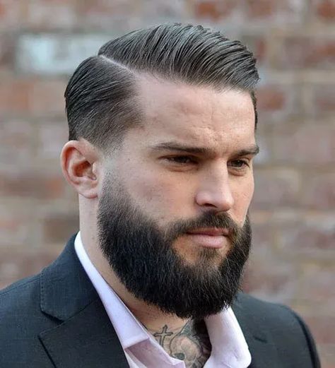 Comb Over Fade with Shaved Part and Full Beard Beard Styles Haircuts, Trending Hairstyles For Men, Haircuts For Balding Men, Mens Modern Hairstyles, Beard Haircut, Trendy Mens Haircuts, Classy Hairstyles, Side Part Hairstyles, Beard Hairstyle