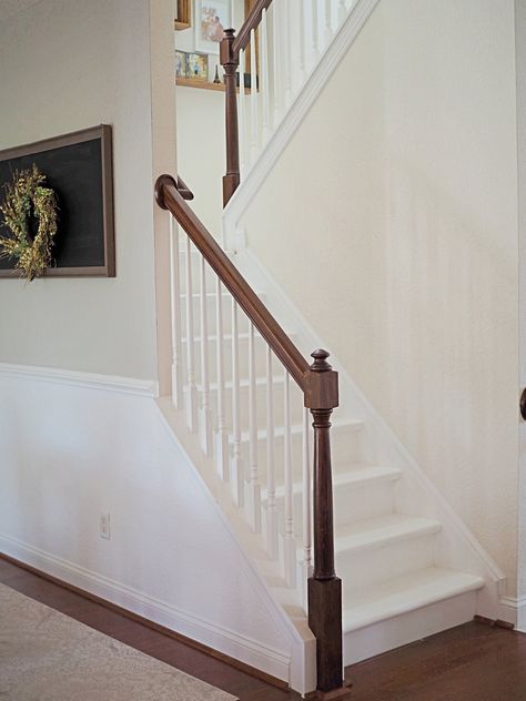 Floors And Stairs Different Colors, Painted White Stairs With Runner, Painting Plywood Stairs, All White Stairs With Runner, Painted Plywood Stairs, Uncarpeted Stairs, Stain Stair Railing, White Wood Stairs, Painted Wooden Stairs