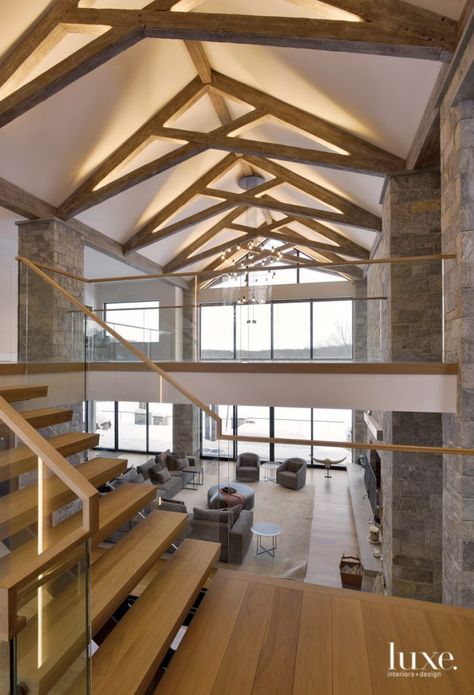 Carol Kurth Architecture, PC Readers’ Choice, Contemporary Architecture, New York #BeREDWIthLuxe #BeREDWithSKSHome Vaulted Ceiling Beams, Vaulted Ceiling Lighting, Exposed Trusses, Roof Truss Design, Wood Truss, Truss Structure, Vaulted Ceiling Living Room, New York House, Timber Truss