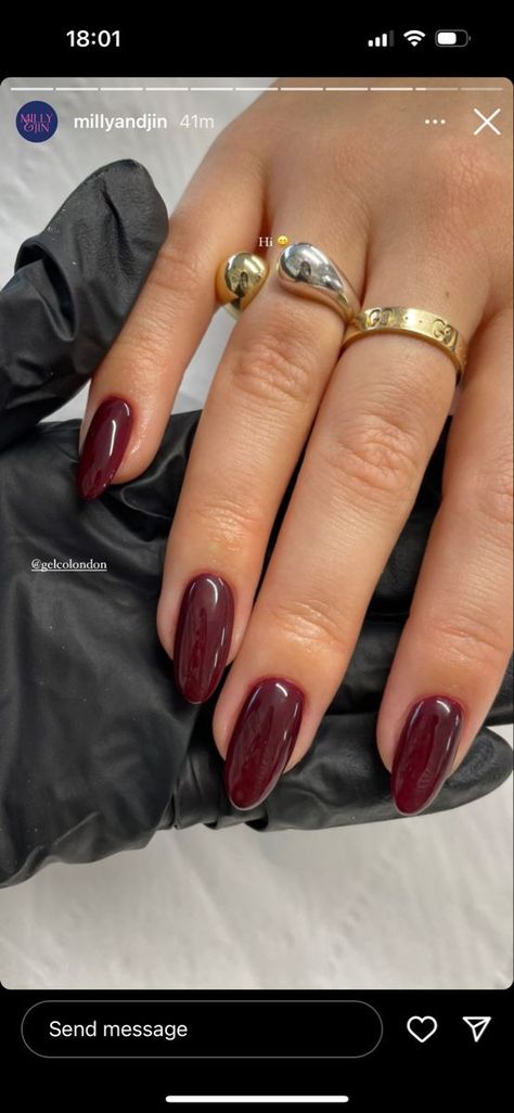 Solid Nail Colors Fall, One Color Fall Nails, Wine Red Oval Nails, Red Wine Almond Nails, Nail Inspo 2024 Fall, Deep Red Nail Color, Maroon Brown Nails, Oval Burgundy Nails, Burgundy Nails Almond Shape